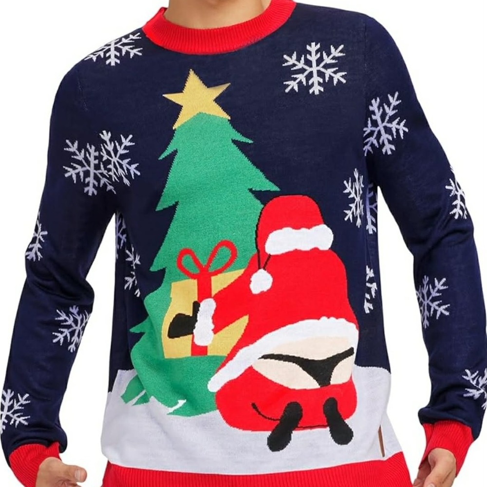 Tipsy Elves Navy Christmas Sweater with Red Santa and Green Tree XXL NWT